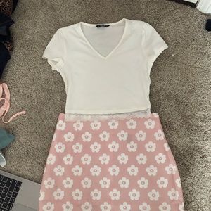 shein pink flower skirt and white v neck tee
